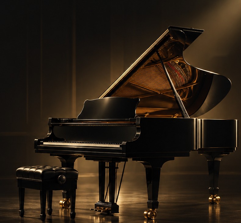 Concert grand piano inspired by the Steinway Model D in a warm, cinematic setting